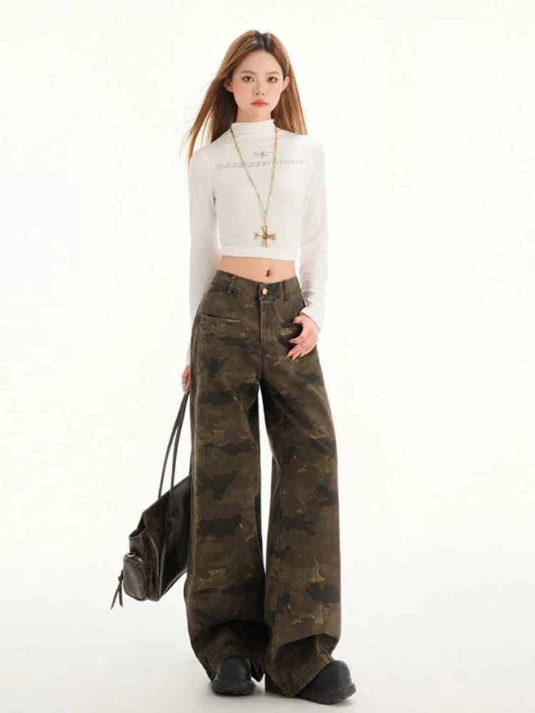 WCFCX STUDIO Women Y2K Camouflage Jeans Vintage High Waist Hip Hop Wide Leg Pants Female Streetwear Baggy Straight Denim Trouser