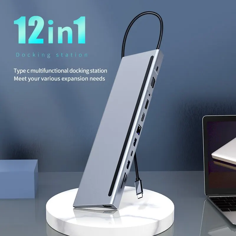 Docking Station 12 in 1 USB-C con 4K HDMI,DP,VGA,USB3.0, lettore SD/TF, 100W PD, Audio 3.5mm, porte RJ45 1000M per Macbook Dell