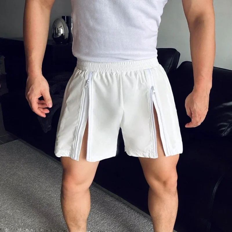 Summer Sports Fitness Shorts for Men Elastic Waist Double Zipper Thigh Muscles Display Short Pants Beach Casual Quarter Pants