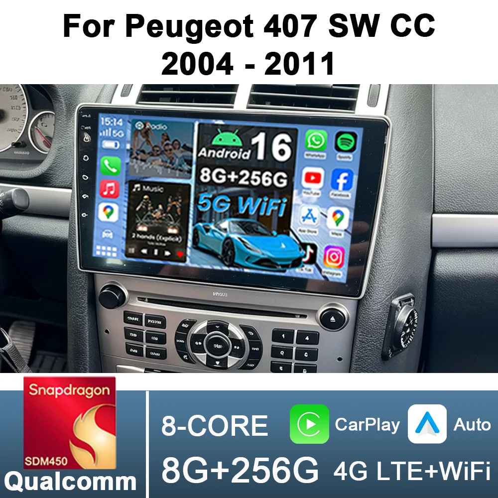 Car Radio For Peugeot 407 cc SW 407CC 2004 - 2011  Multimedia Carplay Player Stereo Auto Audio Headunit Android 9''  GPS IPS