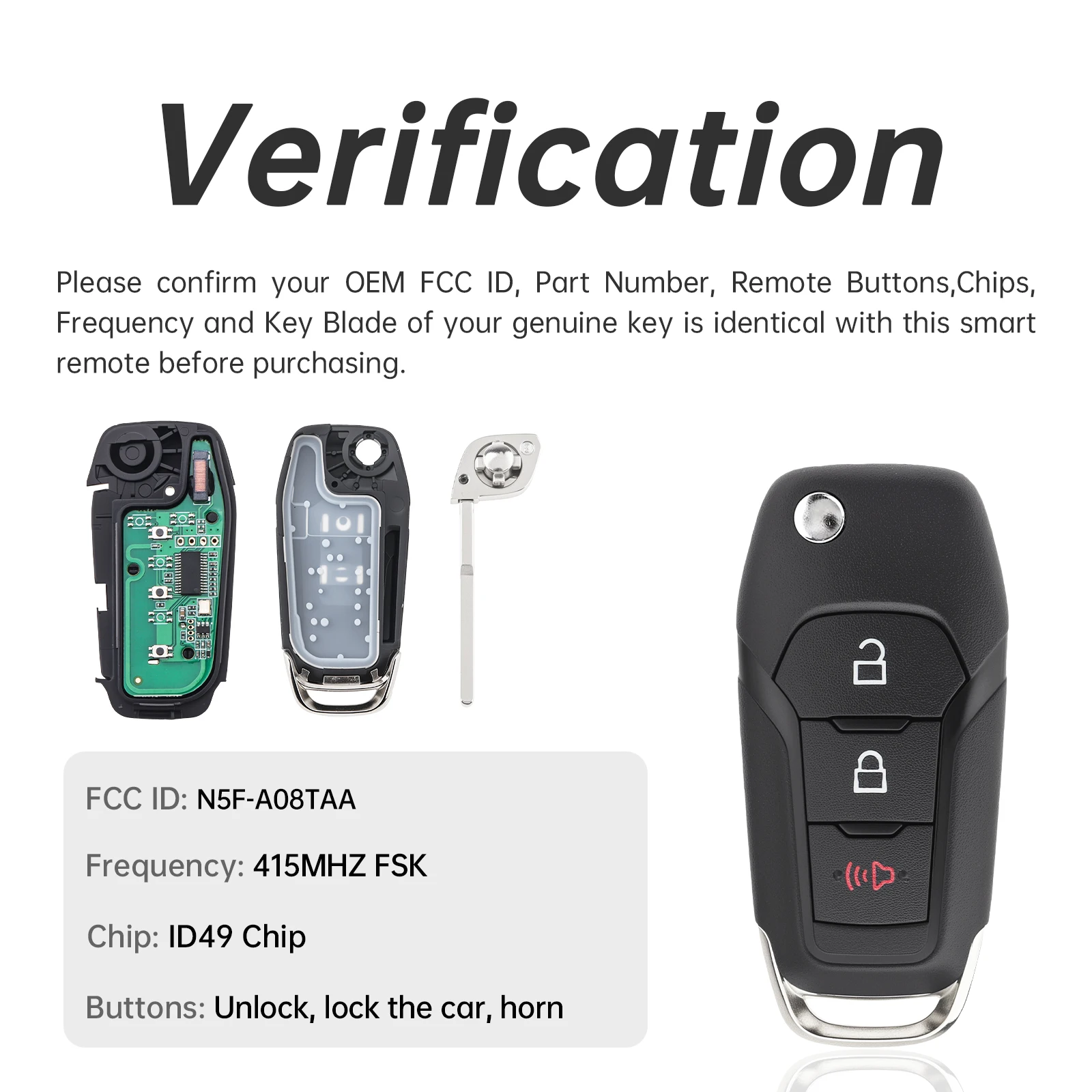 3 أزرار سيارة مفتاح بعيد فوب قذيفة صالح لفورد F150 F250 F350 F450 N5F-A08TAA ID49 رقاقة 315Mhz مفتاح ذكي قذيفة غطاء