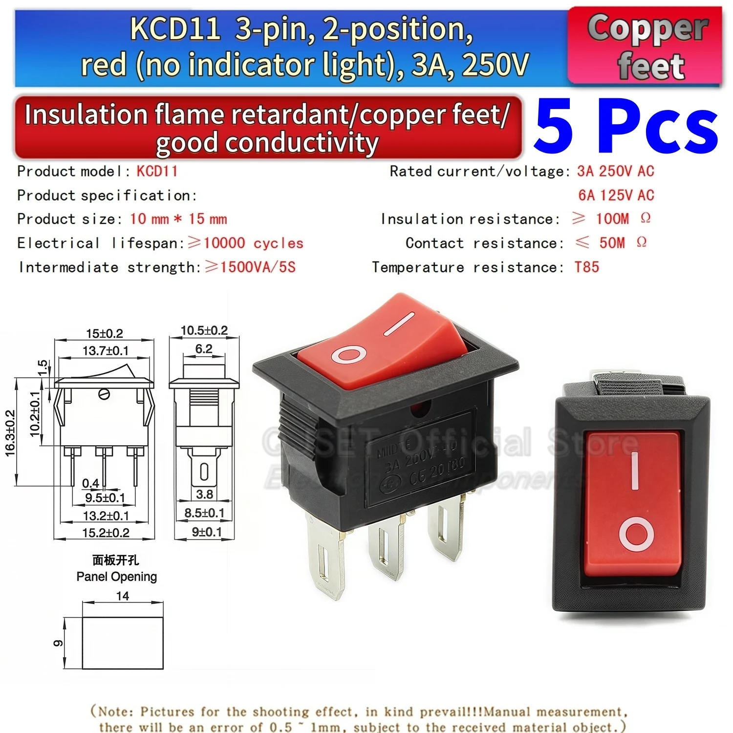 5 Stück KCD11 Wippschalter 10*15mm Mini-Druckknopfschalter Rot Schwarz EIN/AUS 2-polig/3-polig 2-Positionen 3A 250VAC/6A 125VAC 10x15mm – Detail 8
