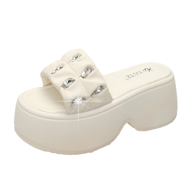 

Женские слипоны на толстой подошве 8 см, новые летние сандалии с кристаллами, уличные массивные шлепанцы, повседневные пляжные шлепанцы, Zapatos Mujer