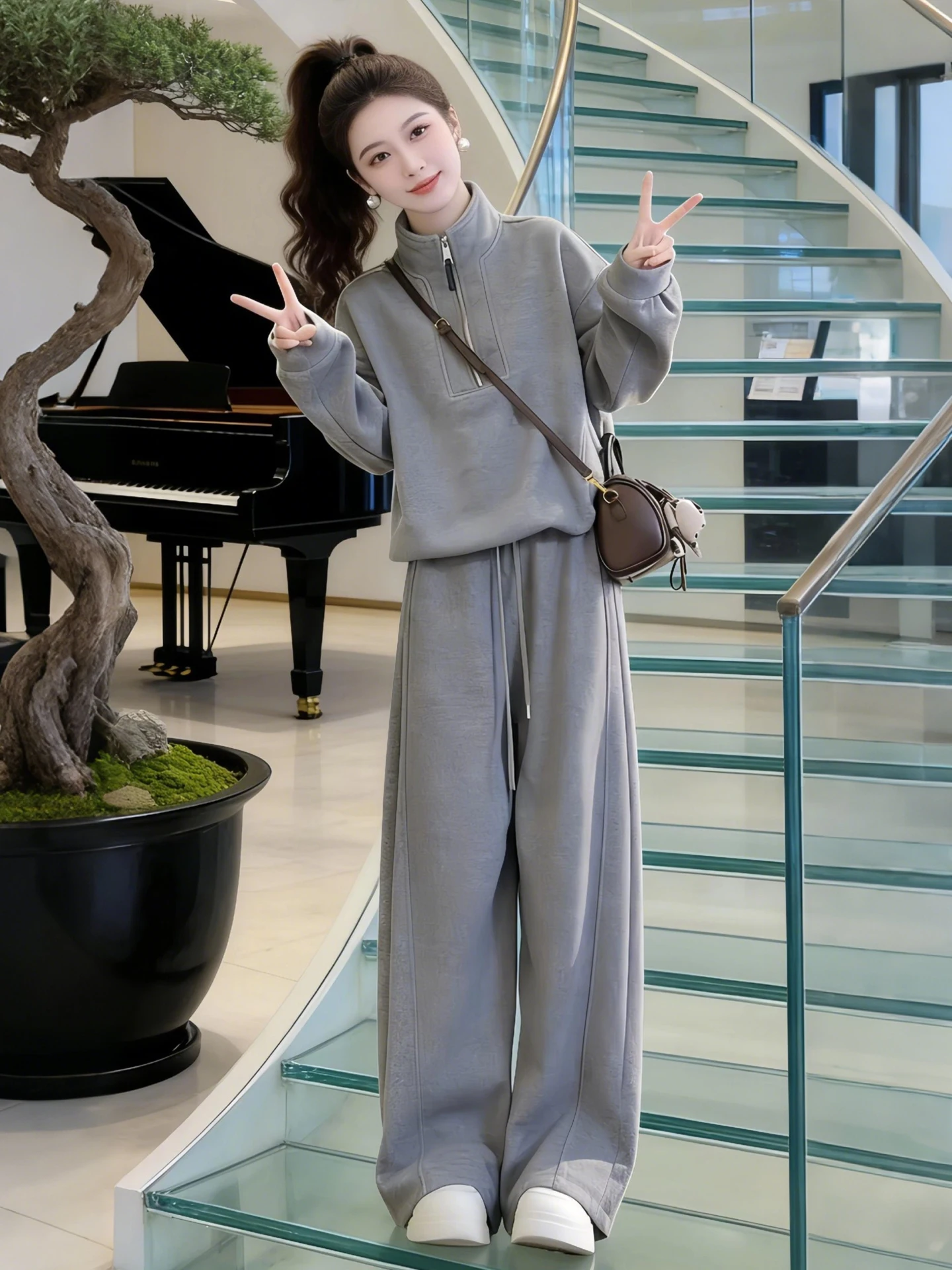 

Gray Sweatshirt Wide Leg Pants Commute Set Women's Fashion Casual Style Two Piece Suit Spring Autumn New Arrival