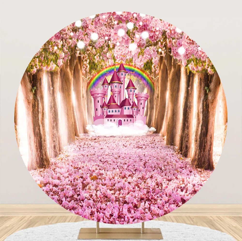 Pink Princess Castle Round Photo Backdrops Butterfly Flower Birthday Party Baby Child Backgrounds Photocall for Photo Studio