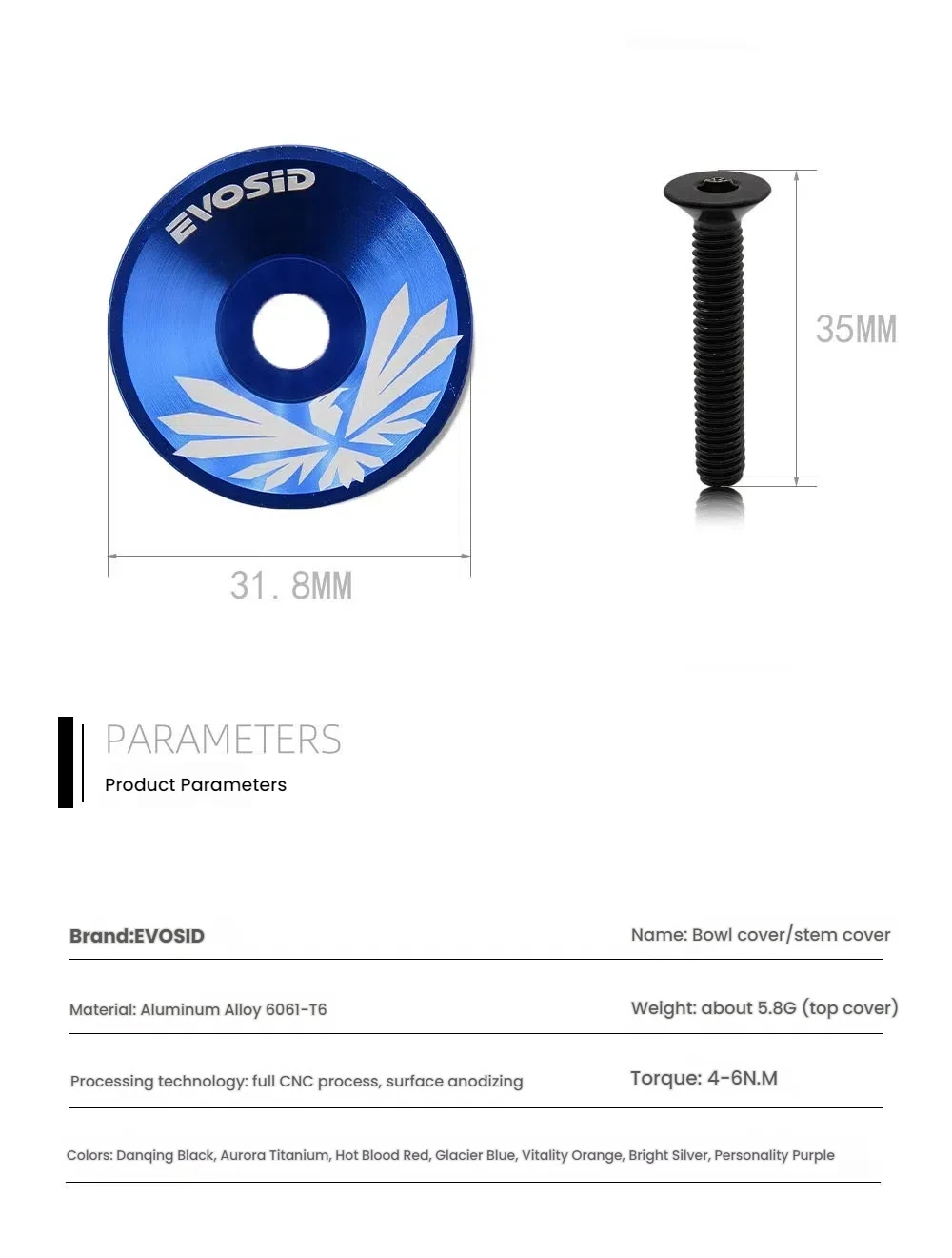 EVOSID Fahrrad-Vorbauabdeckung, Aluminiumlegierung, Vorbau oben, nur 5,8 g, ultraleichte Headset-Abdeckung mit Schraube für 28,6 mm Vorderradgabel – Detail 2