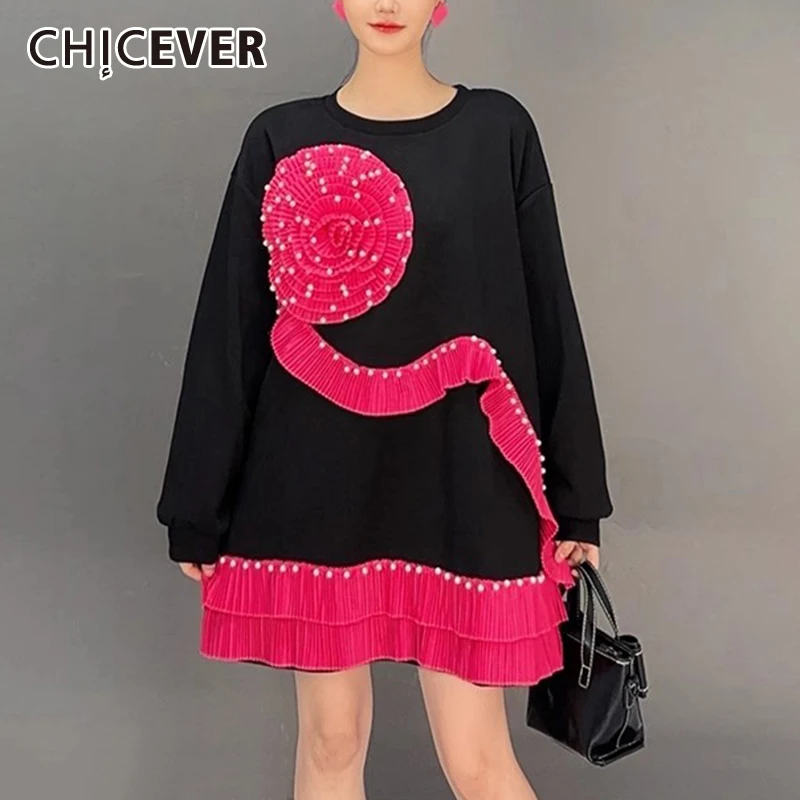 

CHICEVER Hit Color Dress Women O Necl Lantern Sleeve Spliced Appliques Loose Waist Ruched Dresses Female Fashion Fall Clothing