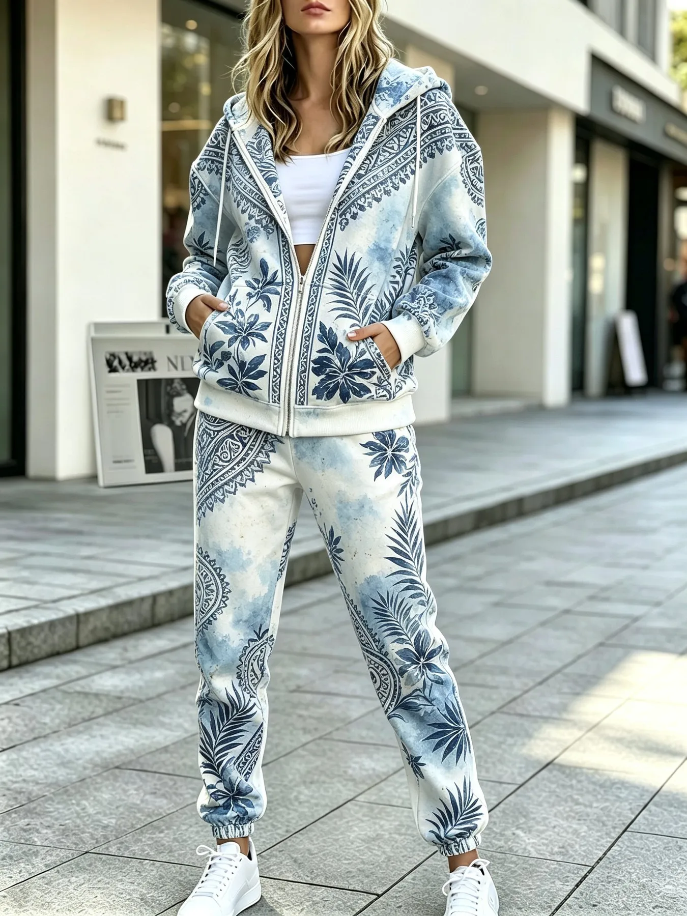 Autumn and winter women's zipper sweater and pants set with 3D printing comfortable soft casual fashionable street wear