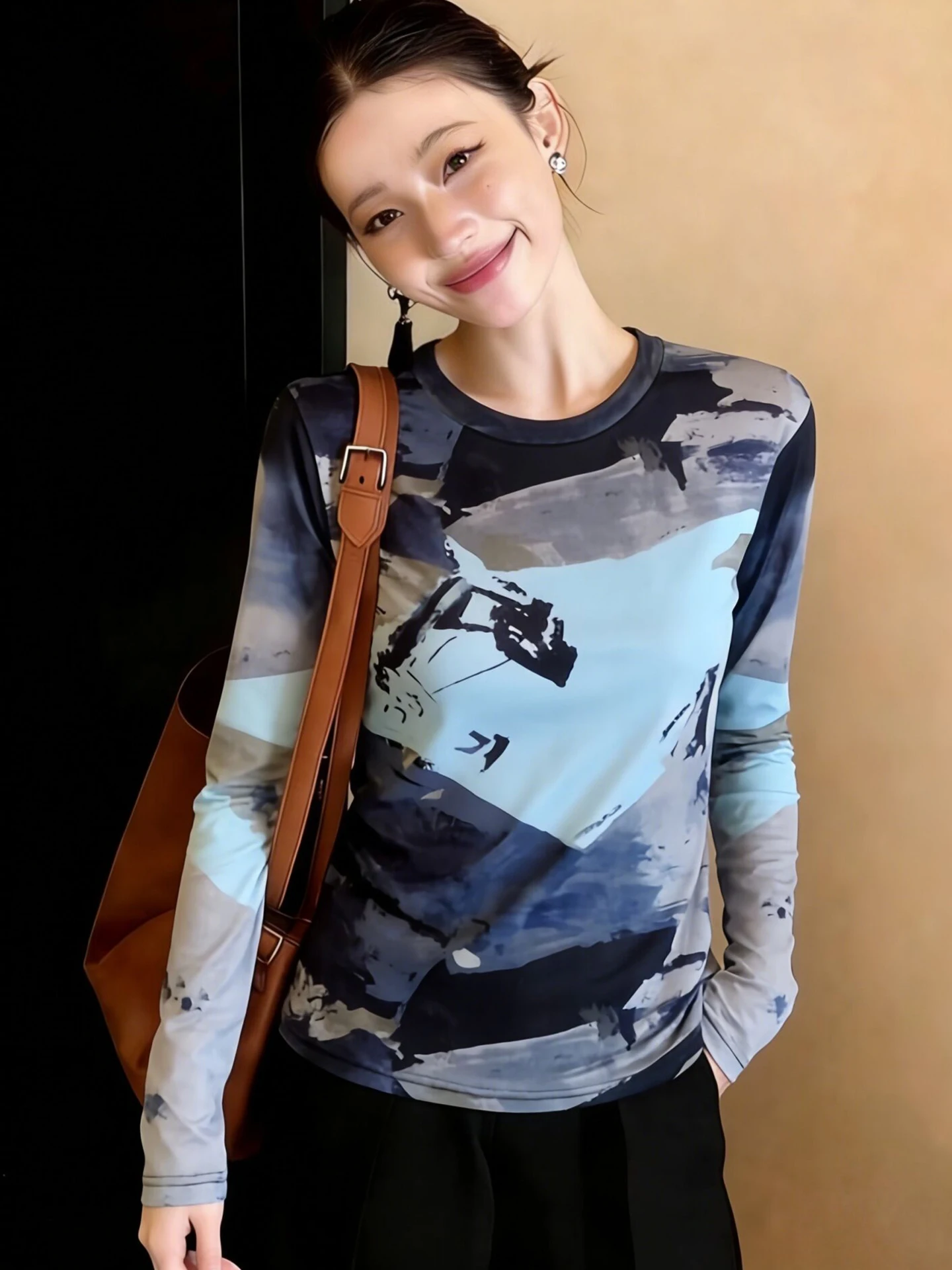 

Модная корейская футболка с длинным рукавом для весны, приталенная, с цветовыми блоками, базовая, для создания молодого образа, для повседневной носки