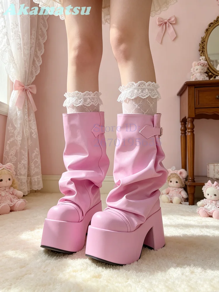 Sweet Pink Pleated Mid Calf Platform Boots Round Toe Patent Buckle Strap Chunky Heel Fold Over Stacked Boots Women Shoes 2026