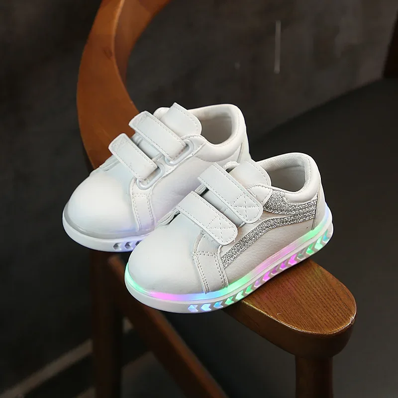 Children's Luminescent Board  Casual Shoes Soft Soles Boys and Girls Sports Shoes LED Lights Flats Small White Shoes