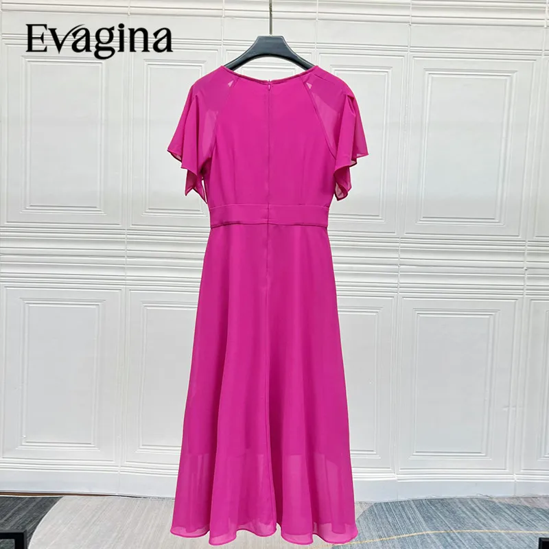 Evagina Appliques Ruffle Waist Up Slim Long dress Spring Summer Women's New Butterfly Sleeve V-Neck Holiday Dresses