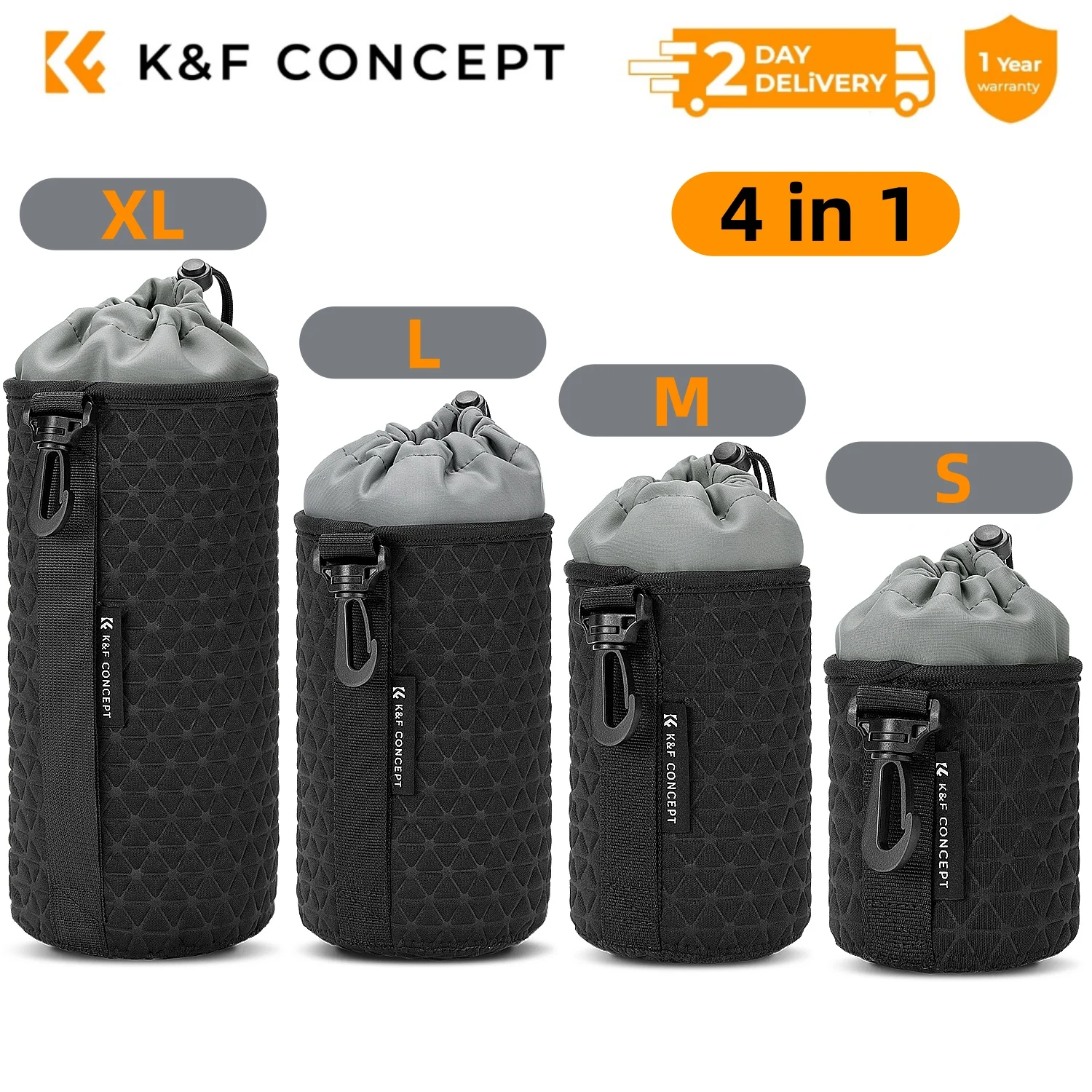 K&F CONCEPT 4 in 1 Camera Lens Pouch Cases for Camera Lens Size Within 22cm Waterproof Lens Protective Bag with Adjustable Strap