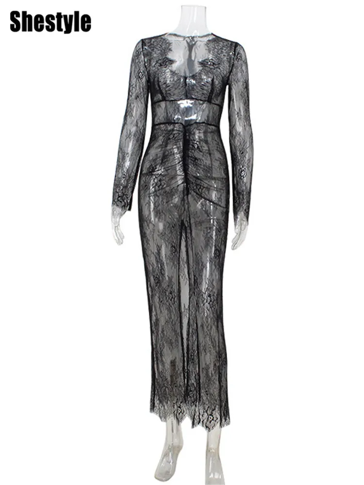 Shestyle sexy renda transparente lápis vestido feminino decote em v volta zíper onda corte oco para fora magro roupas de festa moda