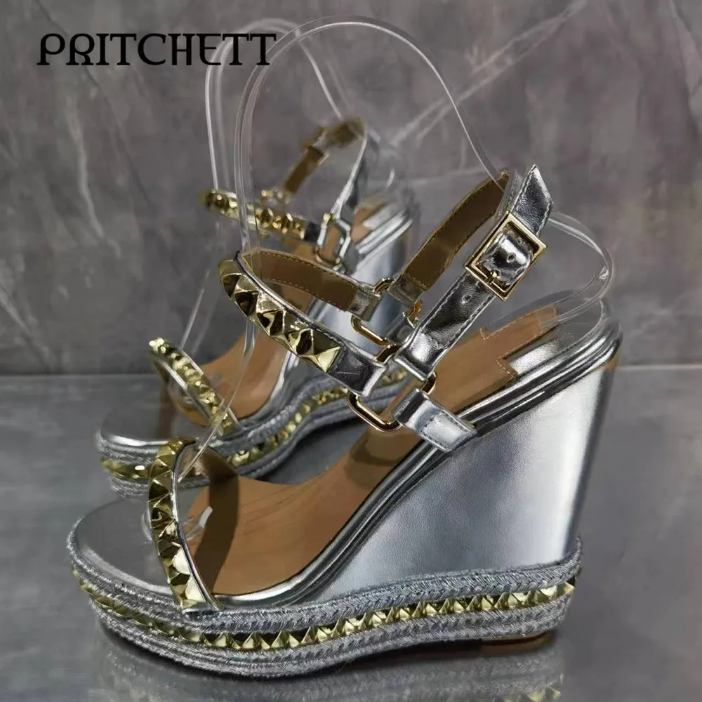 

Gold Rivets One-Piece Espadrilles Round Toe Wedges Silver High-Heeled Sandals Fashionable Large Size Personalized Women's Shoes