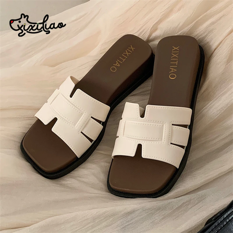 XIXITIAO 2026 Fashion Women's Color blocking Slide Sandals,Elegant Square Open Toe Slip On Wedge sandals, Summer Beach Slippers