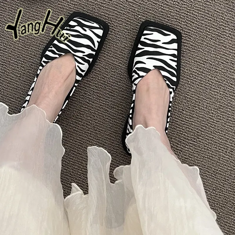 Women Concise Shallow Mary Janes Women\'s Flats Shoes PU Leather Zebra Square Toe 2023 New Fashion Spring Autumn