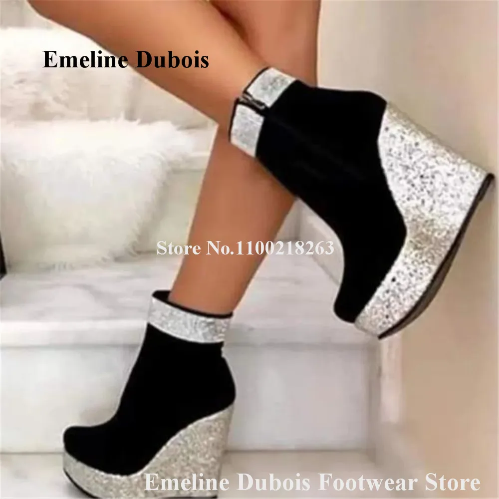 

Bling Bling Silver Gold Glitter Wedge Short Boots Emeline Dubois Round Toe Black Suede Patchwork Sequined Wedge Ankle Booties