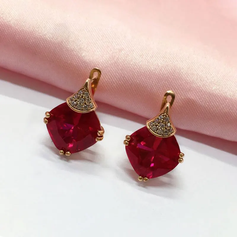 585 purple gold geometric square ruby earrings for women plated 14K rose gold Light Luxury Ear buckle charm classic jewelry