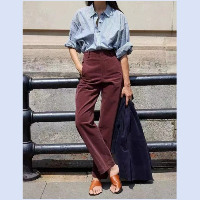 

European and American luxury corduroy cotton velvet high waisted hook and loop wide leg curved twisted seam pants