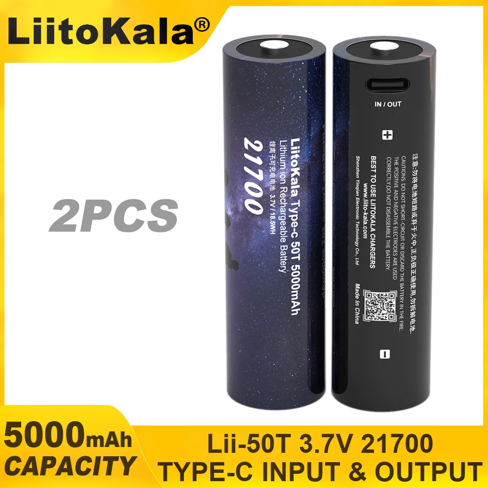 2PCS Original Liitokala Type-c 50T 21700 Multi-function Lithium Battery 3.7V 5000mAh Type-c input And Output 5V Output.