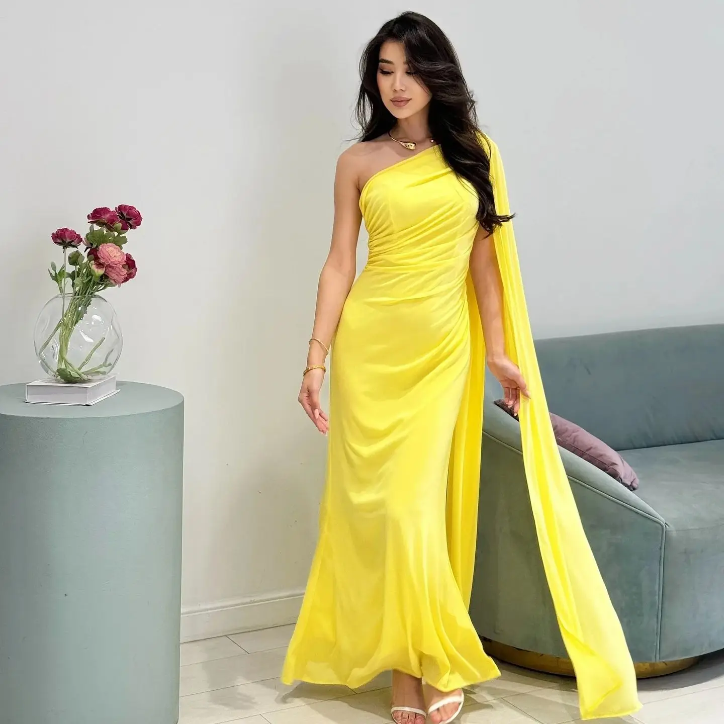 Jirocum amarelo vestido de baile feminino um ombro babados festa vestido de noite até o chão sereia vestidos de ocasião especial personalizados