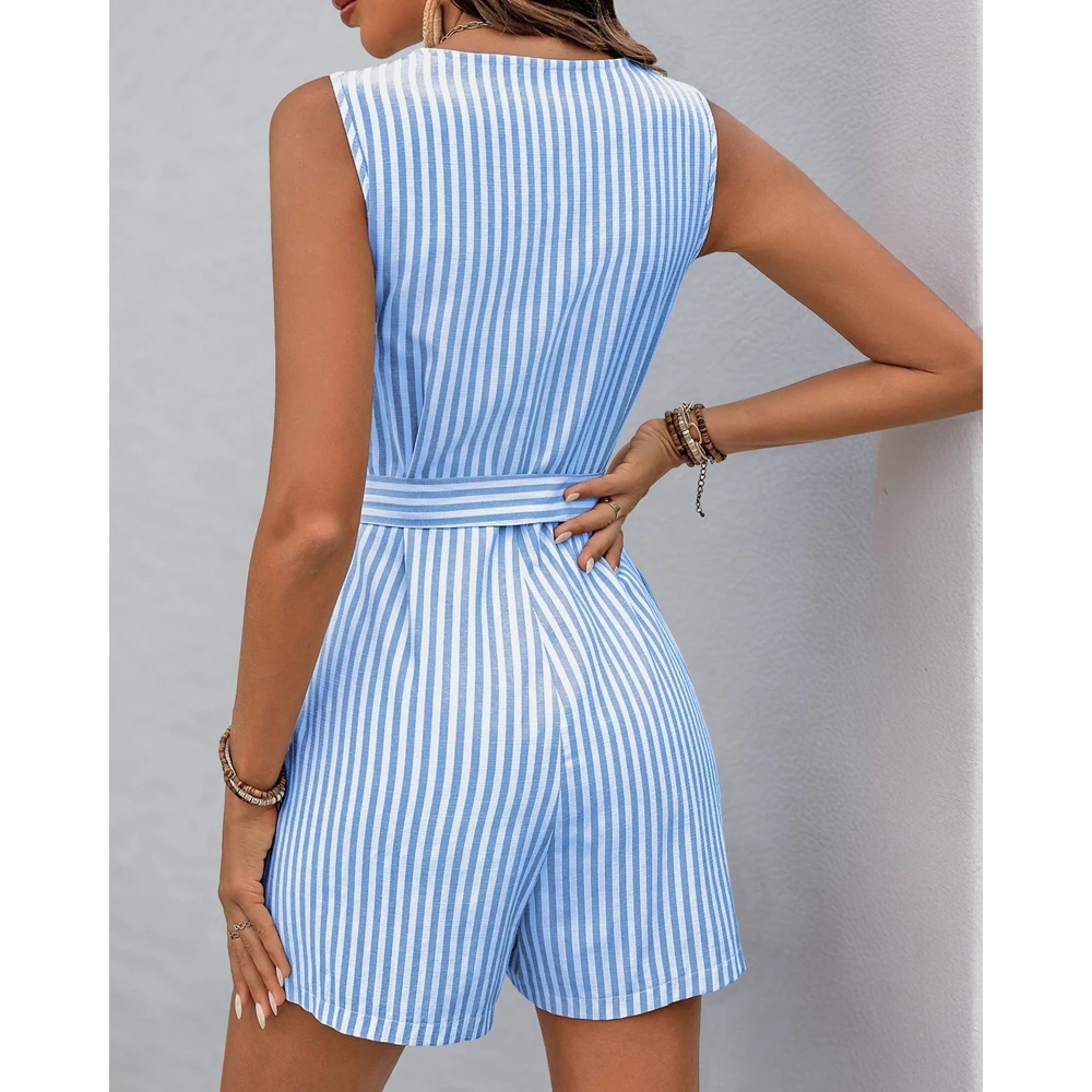 ‌Summer Women Striped V-Neck Jumpsuit Button-Front Sleeveless Rompers with Belt Jumpsuit Elegant Office Lady Shorts Playsuit