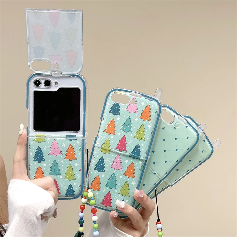 Cute Snowflake Christmas Tree Phone Case For Samsung Galaxy Z Flip 5 4 3 Z Flip4 Flip5 Flip3 5G Cover with Chain Silicone Cases