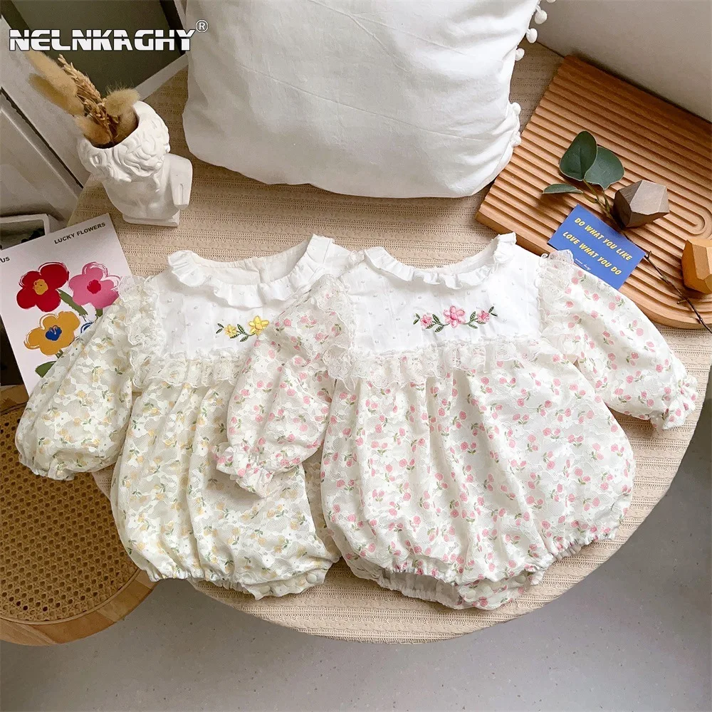 

2024 Spring New in Cute Embroidered Flower Ruched Outfits for Girls | Infant Toddler Jumpsuits and Newborn Baby Bodysuits 0-24M