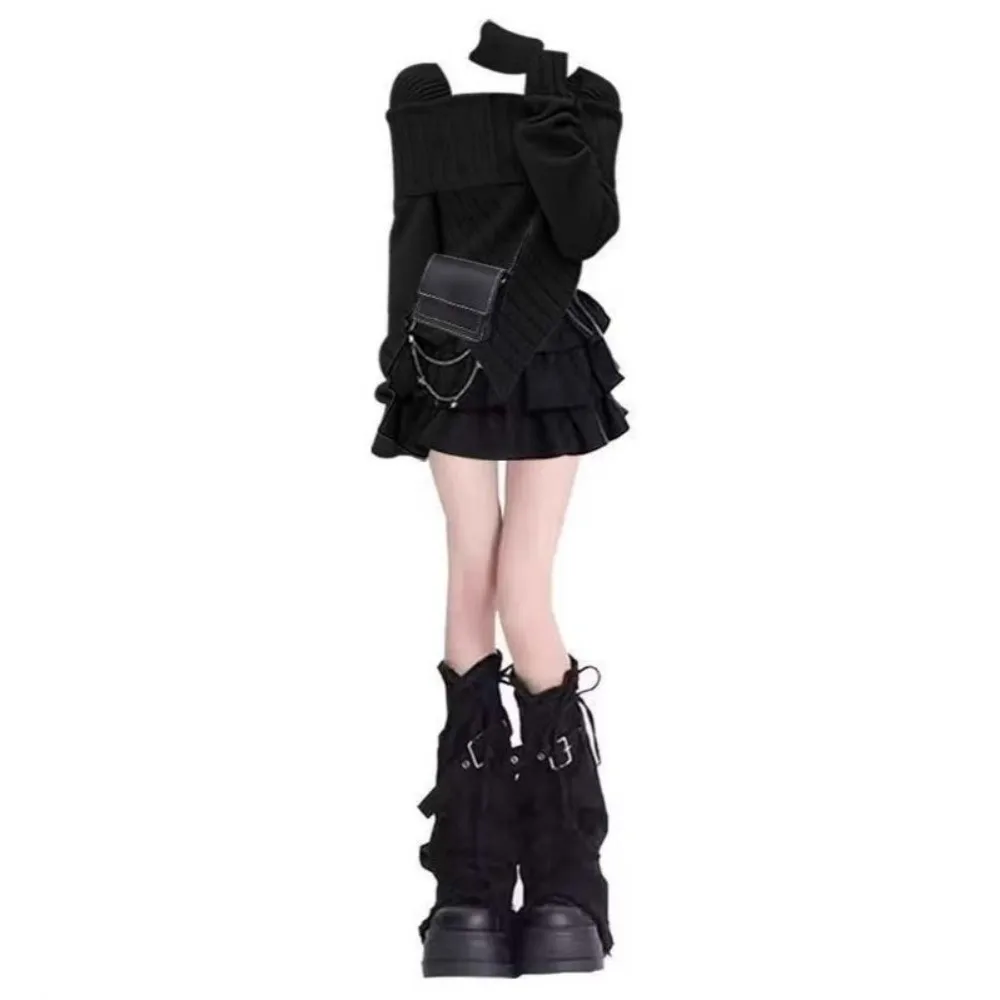 Japanese JK Lolita Y2K Denim Leg Warmers Denim Cloth Drawstring Cross Trumpet Leg Covers Footcover Pile Up Socks Long Stockings