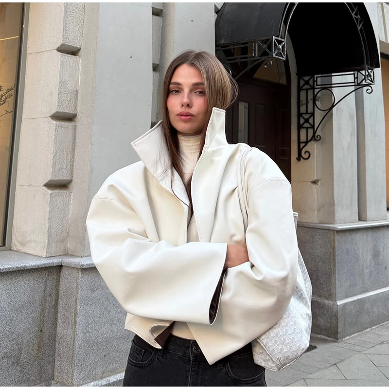 Women Waist Cinching Leather Jacket Solid Stand Neck Zipper Pocket Loose Jackets Lady New Vintage Fashion Street Outwear 2026