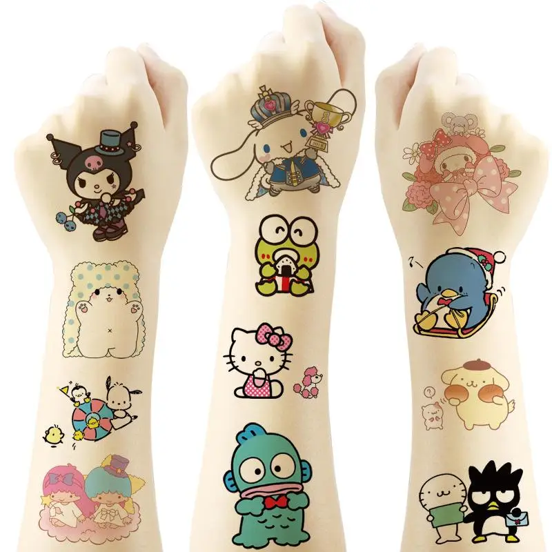 Kawaii Sanrio Hello Kitty Tattoo Stickers Cartoon Cute Kuromi Melody Cinnamoroll Birthday Party Waterproof Long-Lasting Stickers