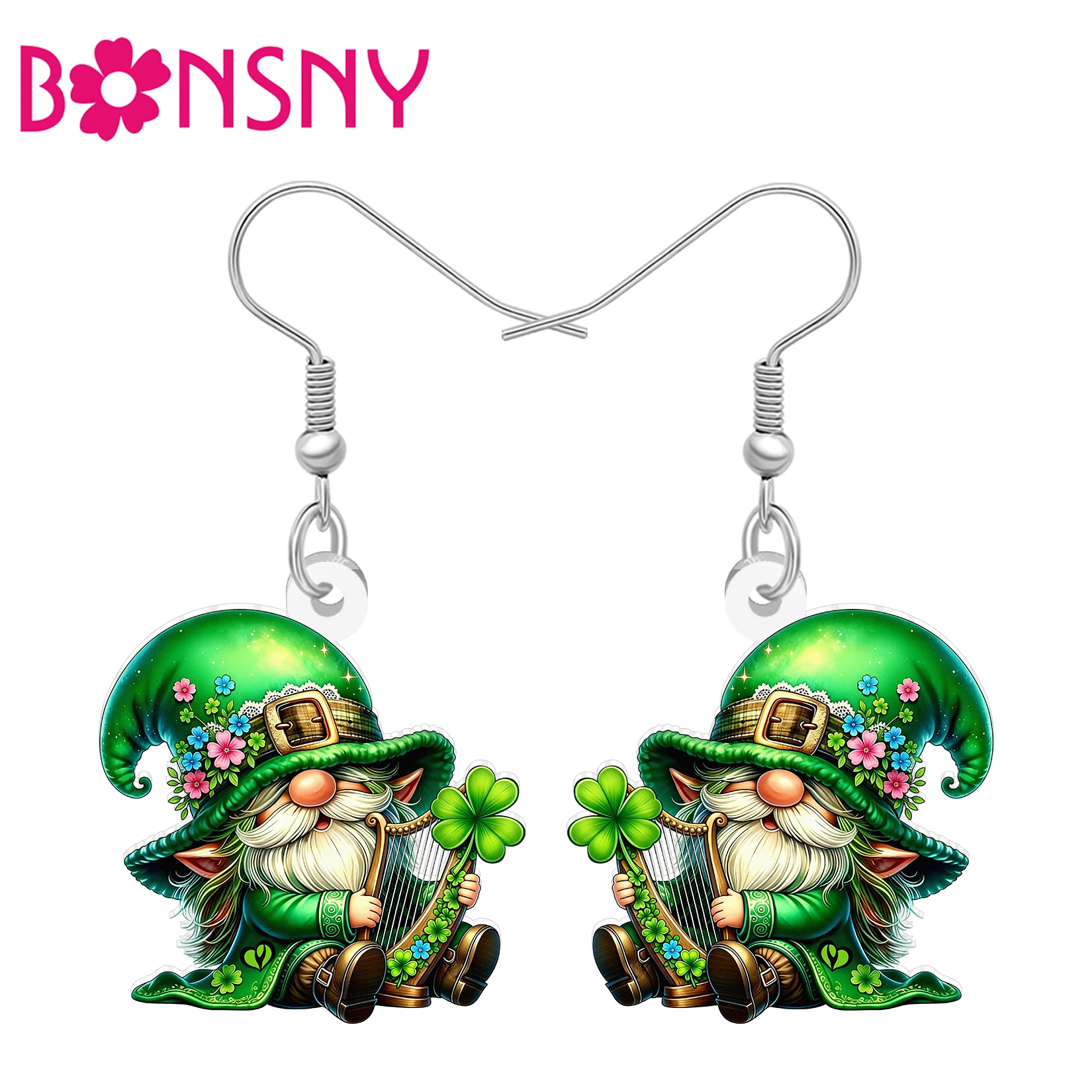 BONSNY Acrylic St Patricks Day Leprechaun Earrings Floral Green Clover Harp Gnomes Irish Jewelry Musical Gnome Gifts For Women