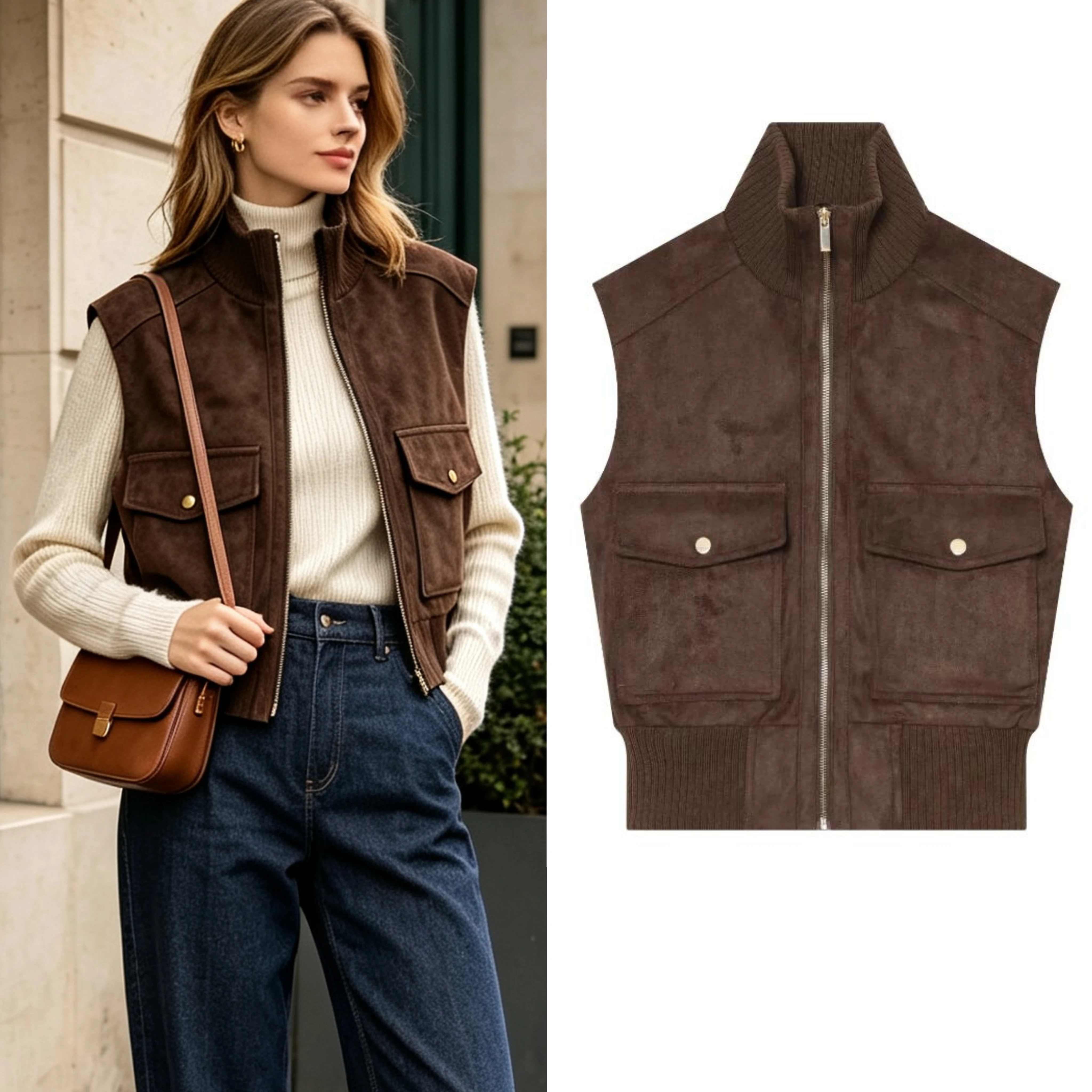 Women's Vest Autumn New Casual Faux Suede High Neck Sleeveless Zipper Ribbed Trims Gilet Fashion Female Vintage Tops