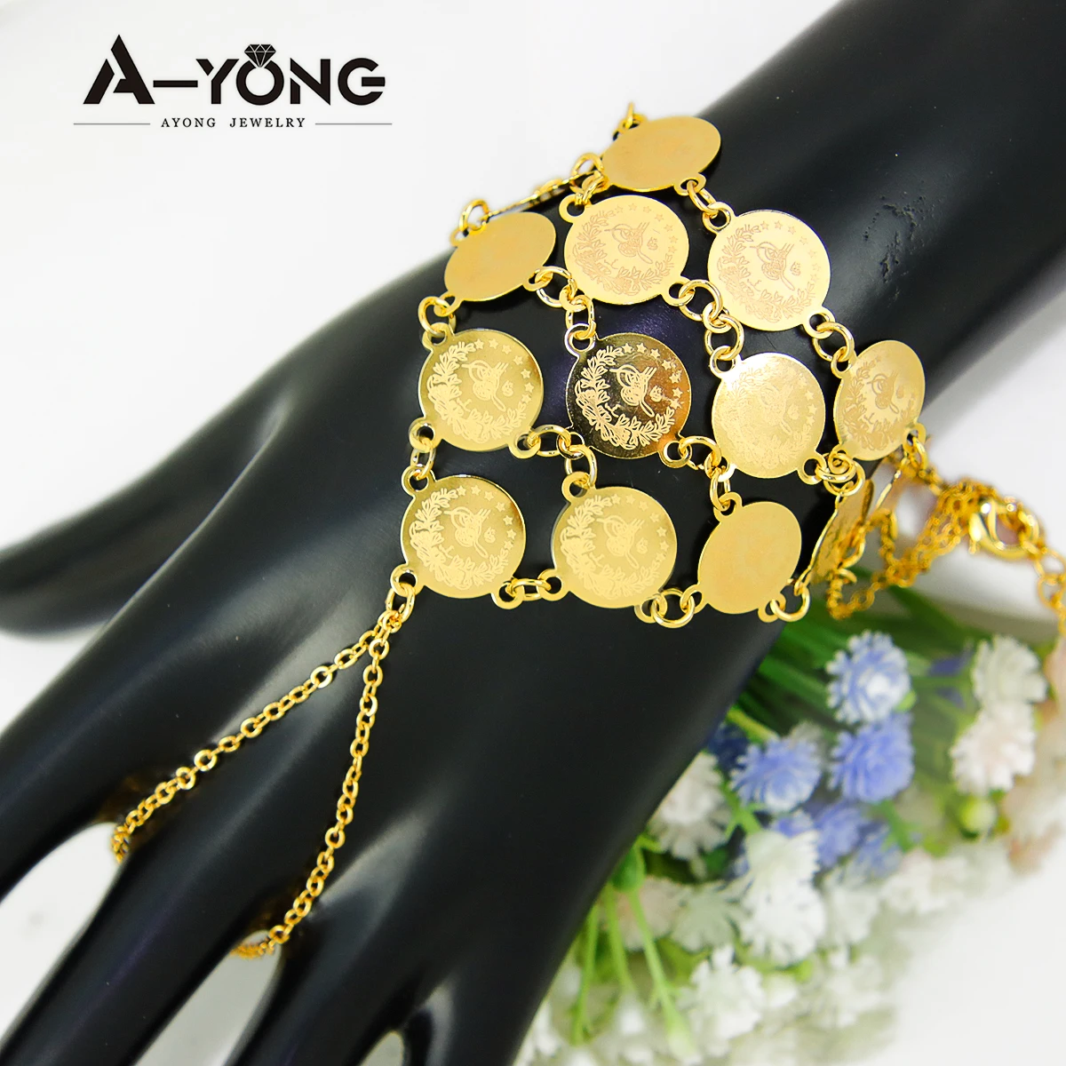 

Turkish Coins Charm Bracelet with Ring 18k Gold Plated Kurdish Muslim Fashion Body Chains Oman Women Wedding Party Jewelry