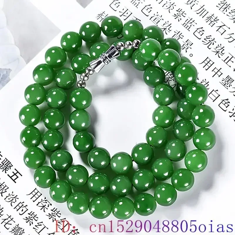 Green Real Jade Beads Necklace Chalcedony Stone Natural Jewelry Gift Beaded Designer Vintage Amulet Gemstone