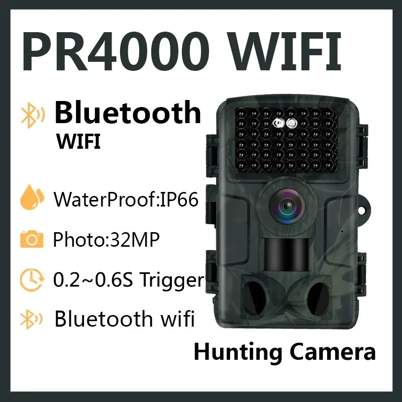 1 pçs pr4000 wifi câmera ao ar livre para vigilância 0.2s gatilho captura 32mp ip66 à prova dip66 água caça scouting câmera infravermelha led