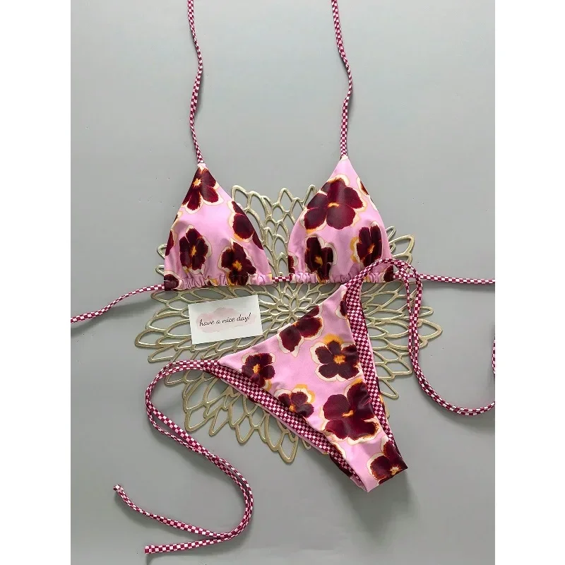 Traje de baño bikini vintage con estampado floral a cuadros para mujer, adecuado para vacaciones de primavera y verano en la playa, piscina.