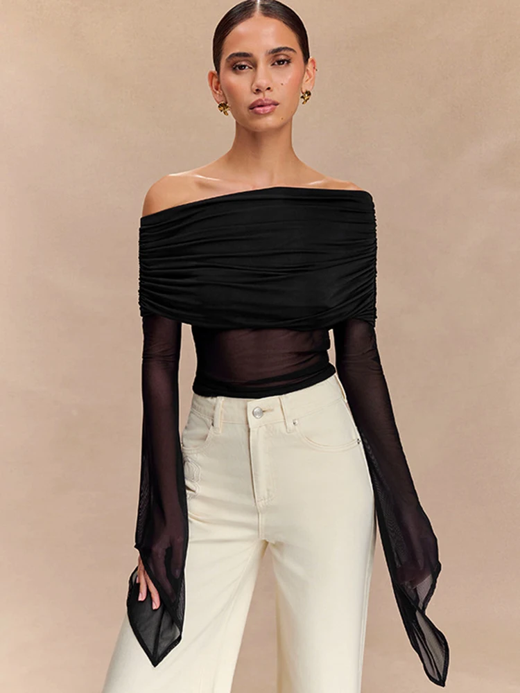 

Oniflyme Off Shoulder Flare Sleeve T-shirt Women Fashion Solid Slash Neck Ruched Slim Cropped Tee Sexy Streetwear Sheer Mesh Top