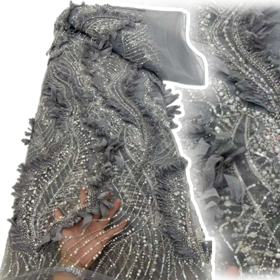 

Африканское 3D-кружево из тюля с бисером, 5 ярдов, премиум-класса, во французском стиле, нигерийское кружево с пайетками, подходит для пошива одежды, 2338