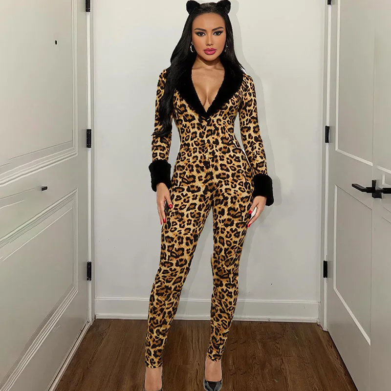 

Sexy Leopard Rompers Womens Jumpsuit One Piece Night Club Outfit Long Sleeve V-neck Feathers Patchwork Skinny Jumpsuits Overalls