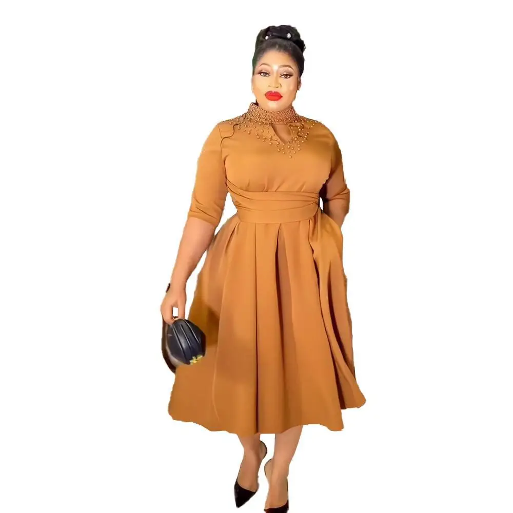 African Wear Dress For Women Clothes Elegant Fashion Party Gowns Spring Robe Femme Chic Beaded High Waist Midi Dress Bazin