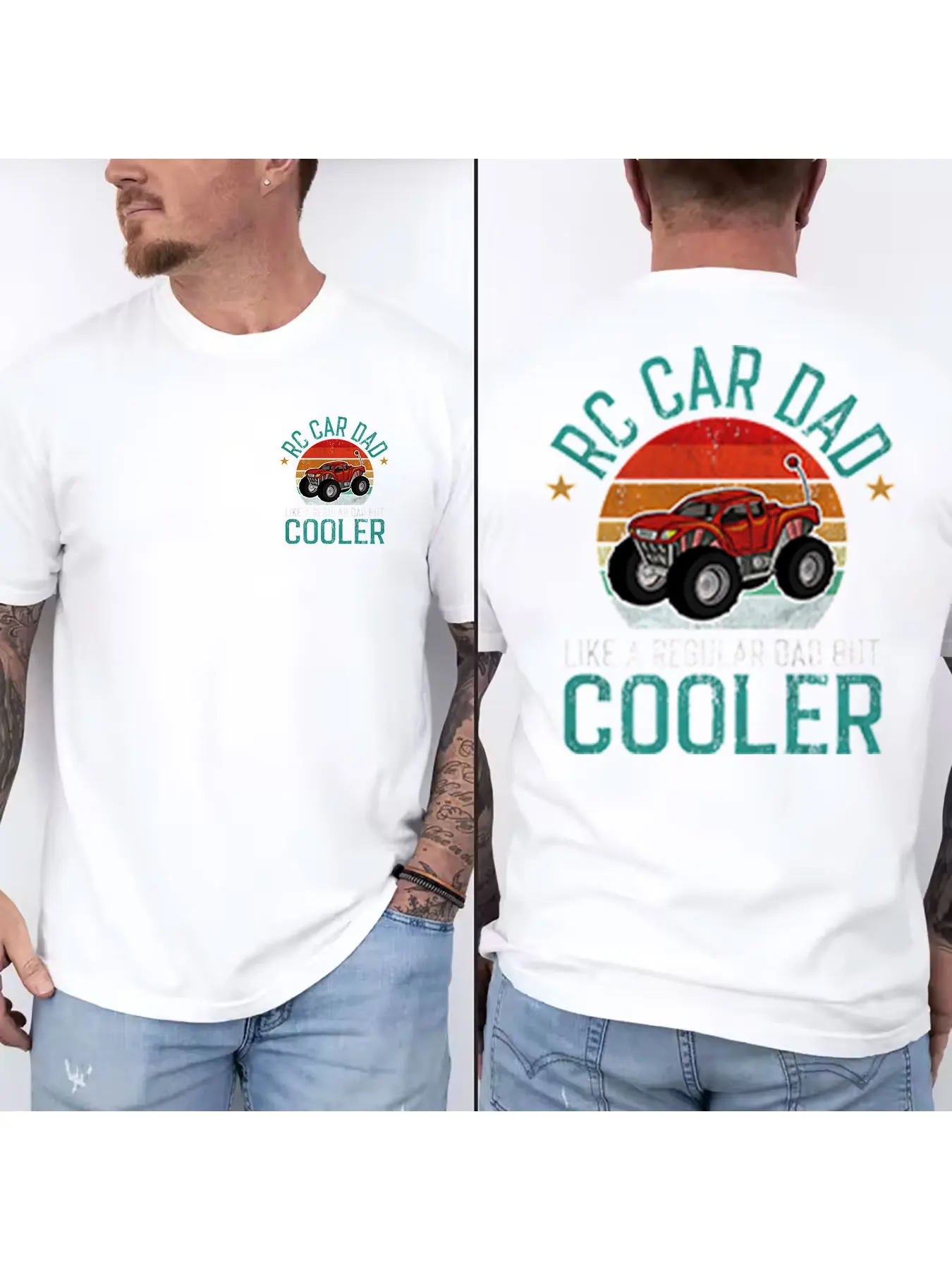 Men's Cotton RC Car Dad Graphic T-shirt, Retro Sunset Remote Control Truck Print Short Sleeve Tee, Like A Regular Dad But Cooler