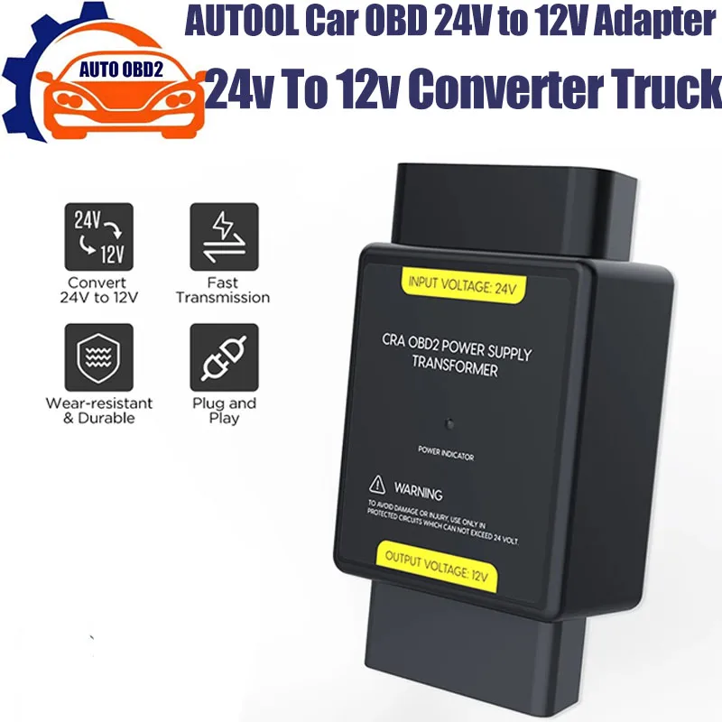 AUTOOL Car OBD 24V to 12V Adapter Step-down DC DC Converter Voltage Regulator Input 24V to Output 12V OBD Adapter Connector