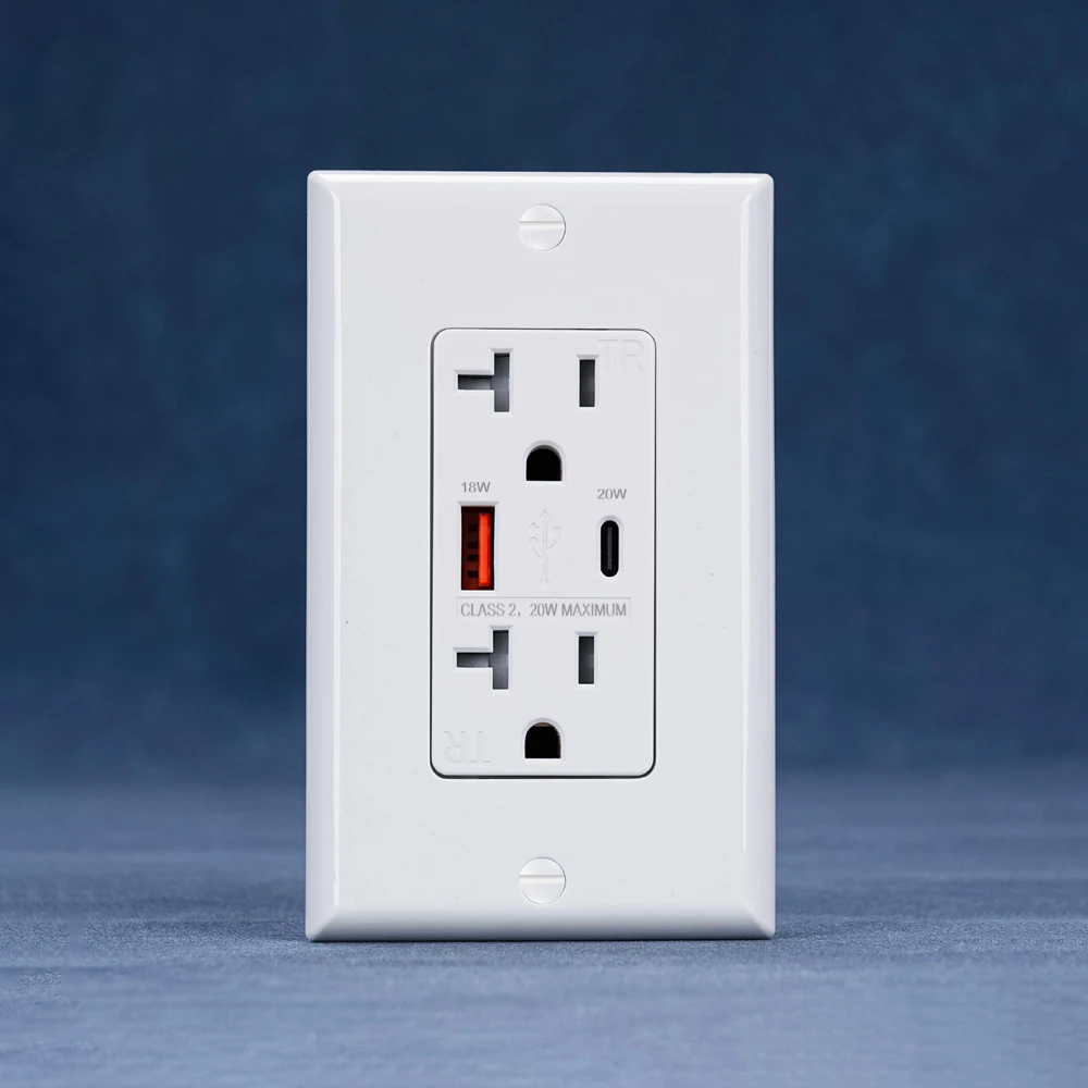 Noord-Amerikaanse Standaard 20a Stopcontact 125vac Snel Opladen Dual Usb Socket Type A + C Snellaadpoort Pd 20W Snel Opladen