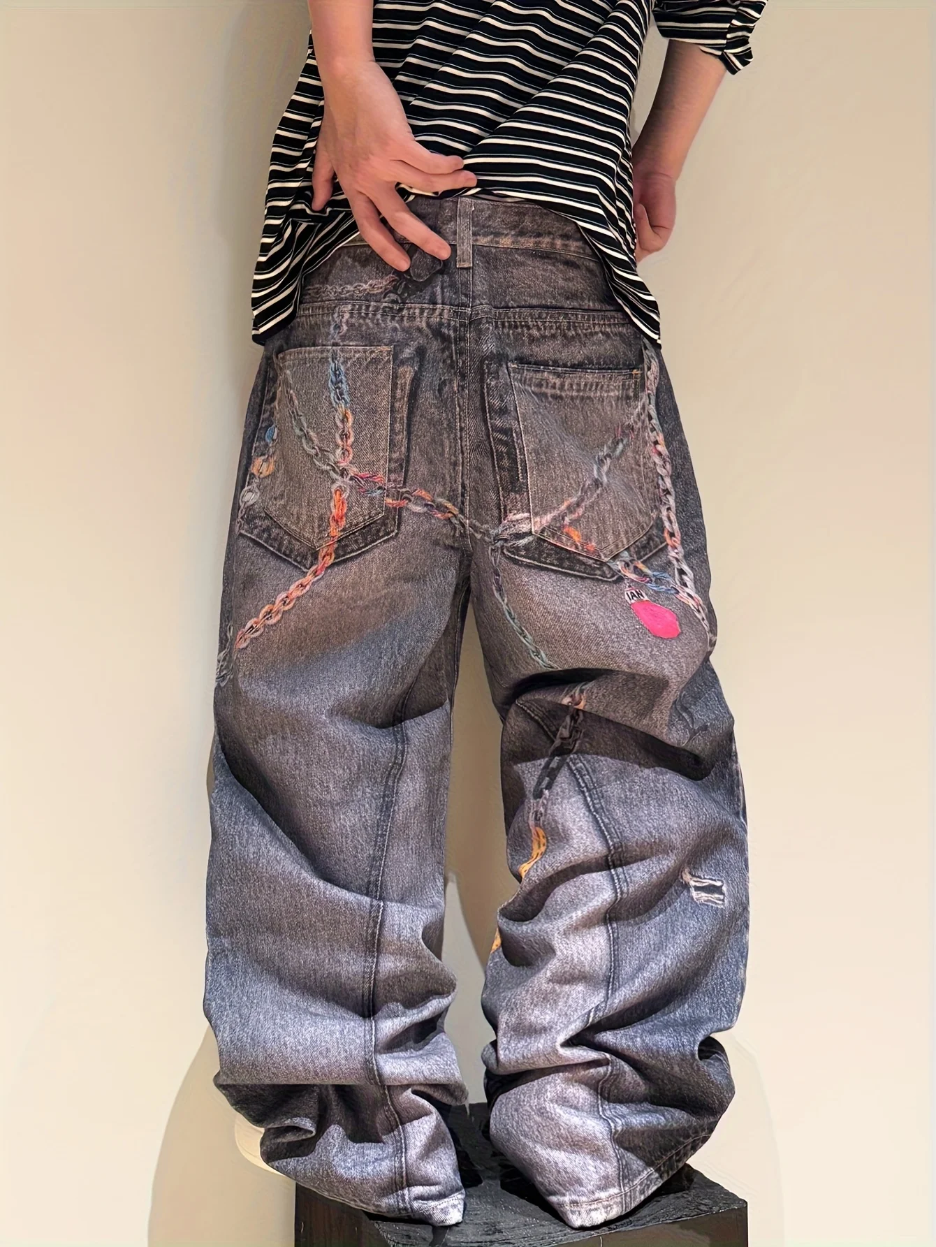 Men's Y2K Streetwear Jeans, Chain Print Baggy Wide Pants For Men, Versatile Loose-Fitting Casual Denim Trousers, All Seasons