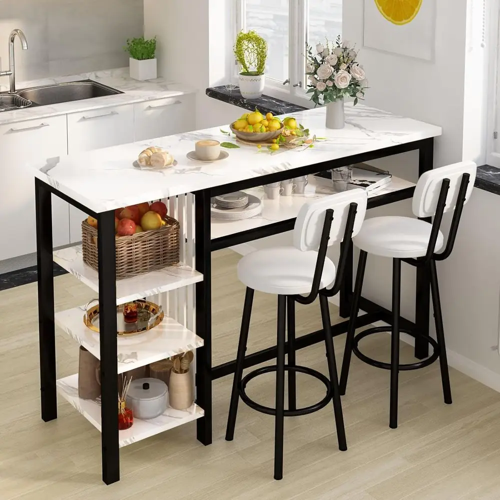 Ensemble de table de bar moderne 3 pièces en faux marbre blanc avec cadre noir et 2 tabourets de bar rembourrés, comprenant des étagères de rangement à 3 niveaux pour