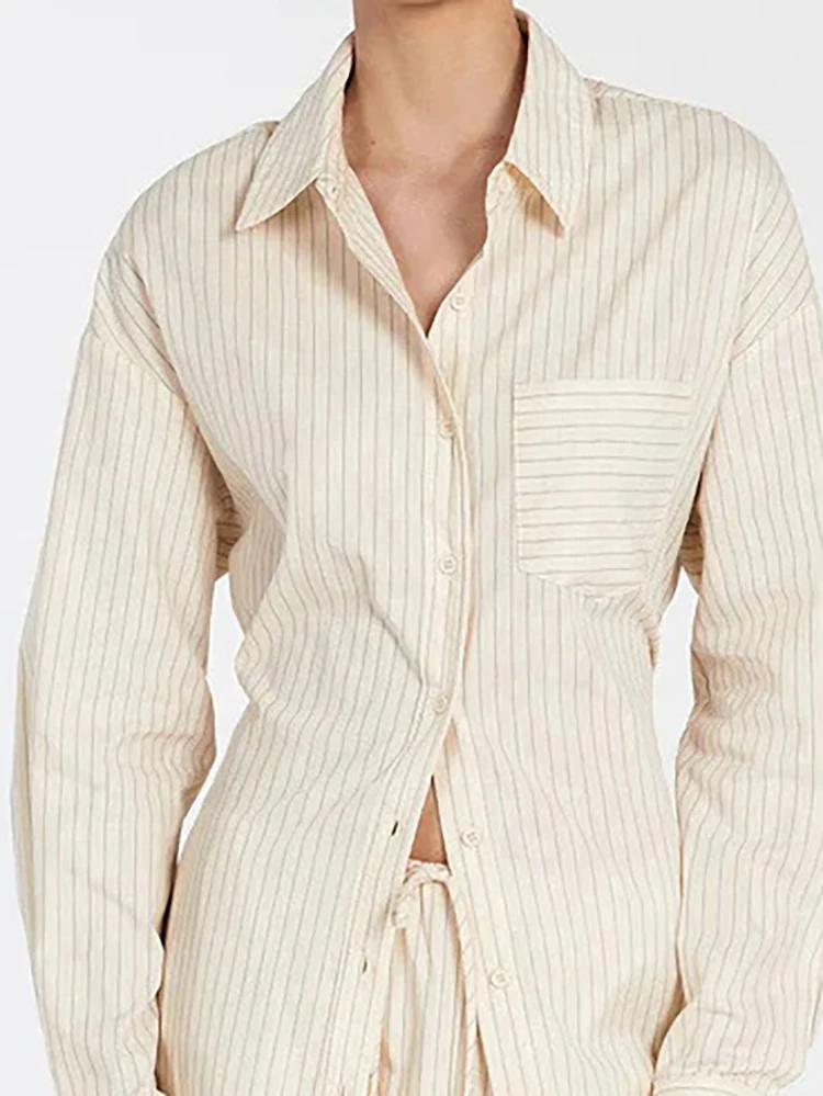 

Leisure Stripe Print Fashion Outfits Elegant Lapel Long Sleeve Shirts Women Set Irregular Hem Long Cardigans&Wide Leg Pants Sets