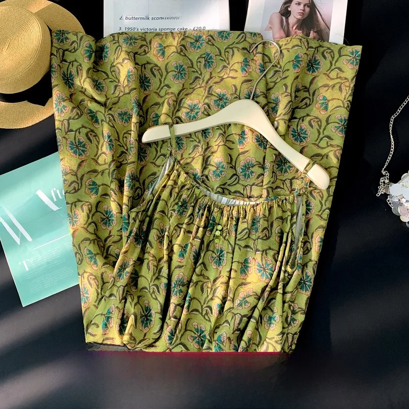 

Summer Lightweight Silklike Floral Print Drapey Strap Dress Women's Fashionable Versatile Long Dress Citywalk Bamboo Cotton