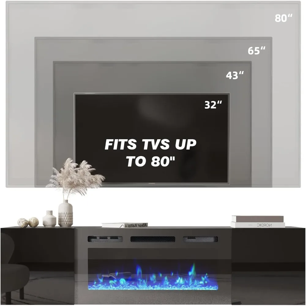 70'' Floating TV Stand with 36'' Electric Fireplace, High Gloss Finish Center with , TVs up to 80'' for Living Room